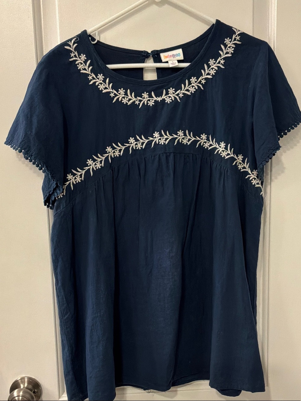 LuLaRoe Navy Embroidered Short Sleeve Women's Top